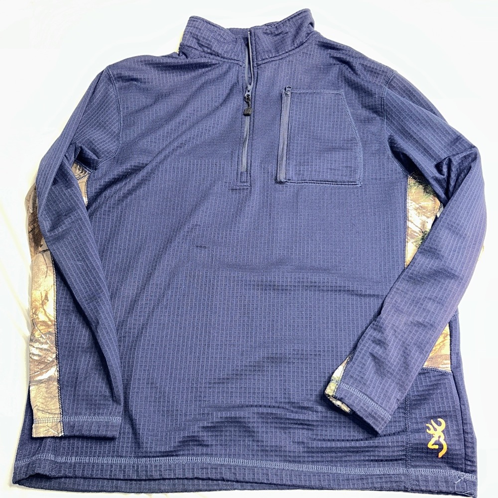 Browning Men's Large Navy And Camo Sweatshirt 1/4 Zip Fleece Logo